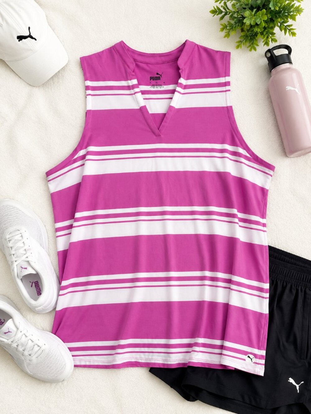 Puma Women's XL Pink White Striped Sleeveless Golf Tank Athletic Top